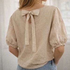 Natural Linen Bow Back Puff Sleeve Square Neck Blouse | Women’s M